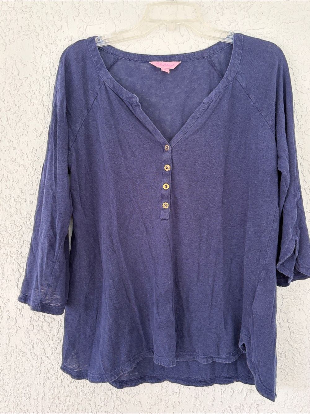 Lilly Pulitzer linen Navy Blue Henley Long Sleeve Top size M